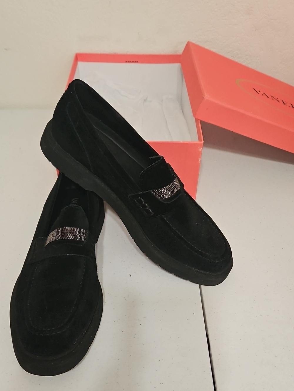 Vaneli Black Suede Loafers with Metallic Accent Strap